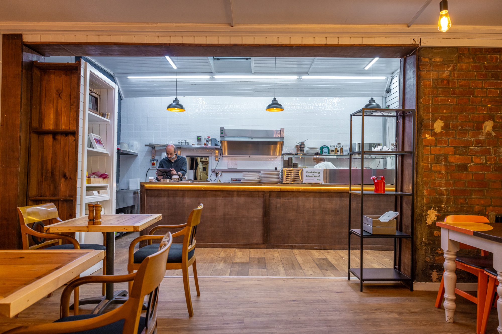 The coffee bar and open kitchen